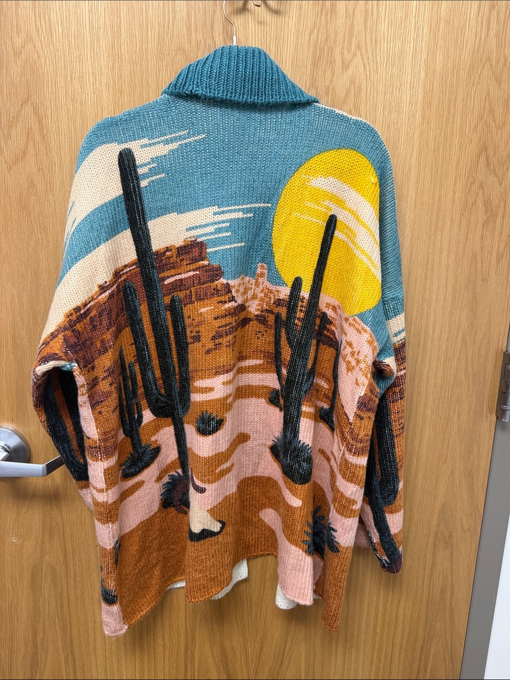 Wrangler Retro Desert Landscape Open-Front Cardigan in Teal, Pink & Brown